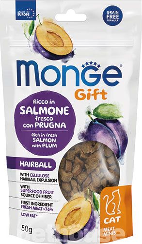 Monge Gift Adult Hairball Fresh Salmon and Plum мясные кубики для кошек лосось/слива,50гр