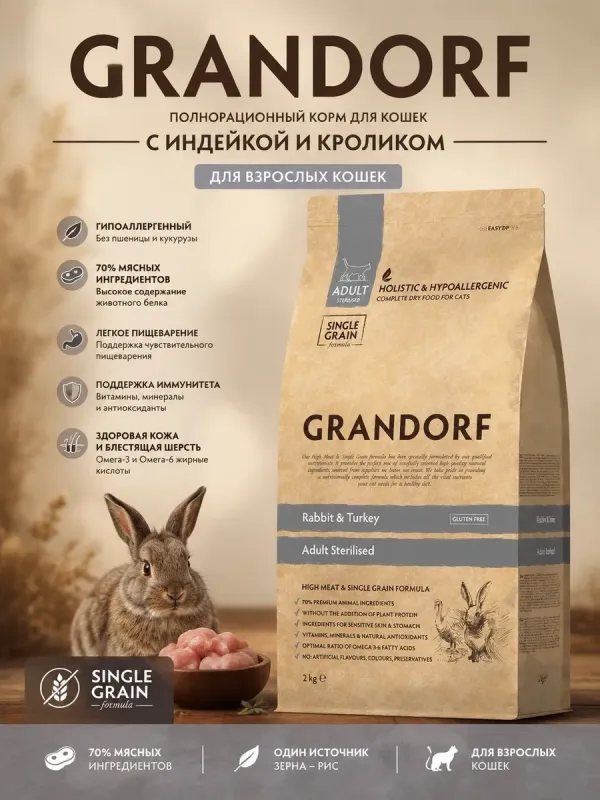 Grandorf Rabbit & Turkey Adult Sterilised — сухой корм с кроликом и индейкой для стерилизованных кошек, 2 кг