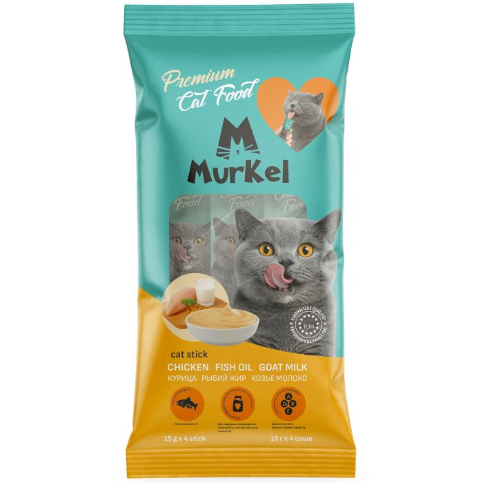 Murkel лакомство для кошек со вкусом "курица рыбий жир козье молоко", 4 стика по 15г