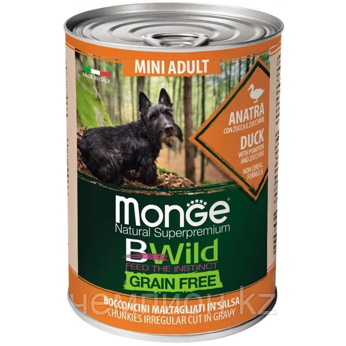 Monge BWild GF, Mini Adult Anatra, влажный корм для взрослых собак мелких пород с уткой, банка 400гр.