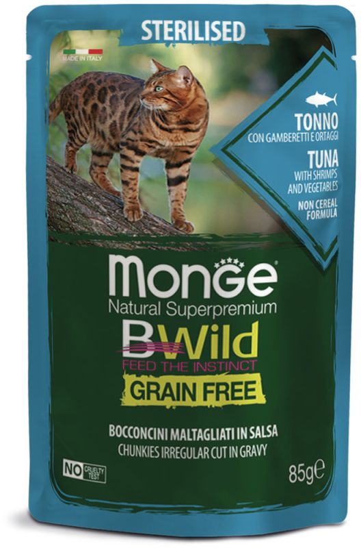 Monge Cat BWild GRAIN FREE паучи из тунца с креветками и овощами для стерилизованных кошек