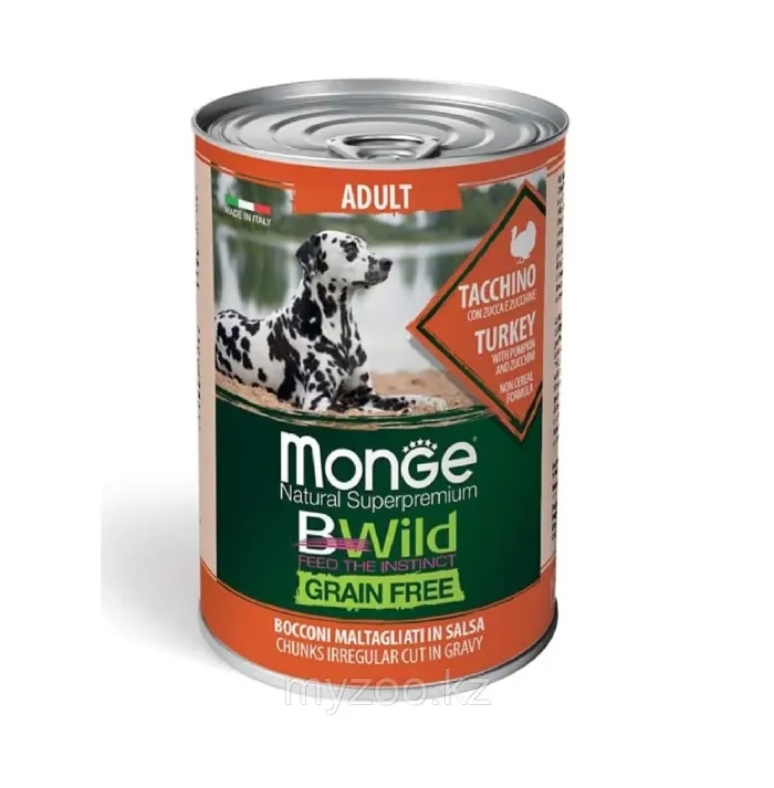 Monge BWild Grain Freei Adult беззерновые кусочки для собак индейка/тыква/цукини, 400гр