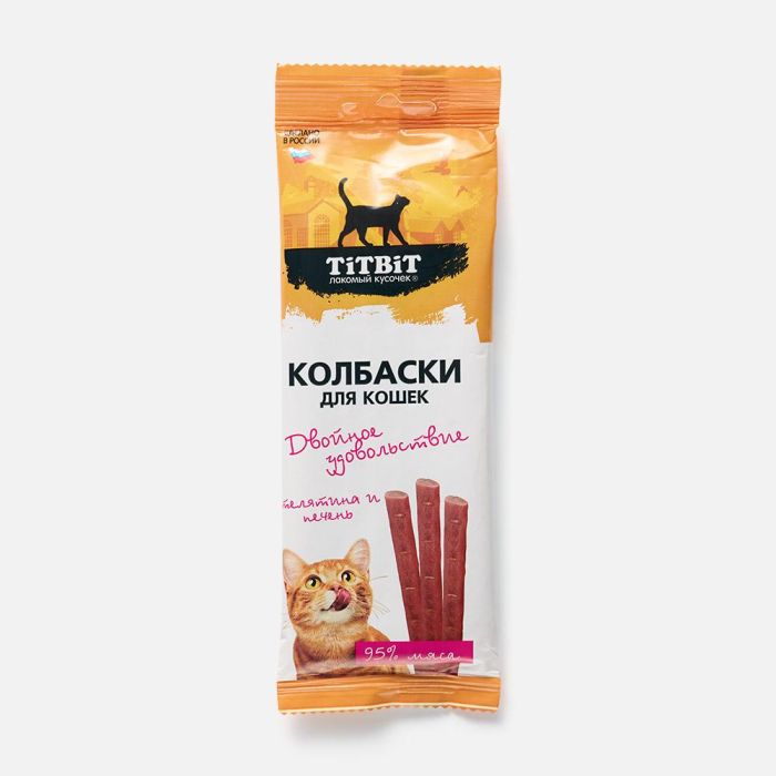 TitBit колбаски Двойное удовольствие с телятиной и печенью, лакомство для кошек