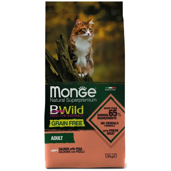 Monge Cat BWild Grain Free корм для взрослых кошек всех пород, беззерновой, лосось и горох 1,5 кг