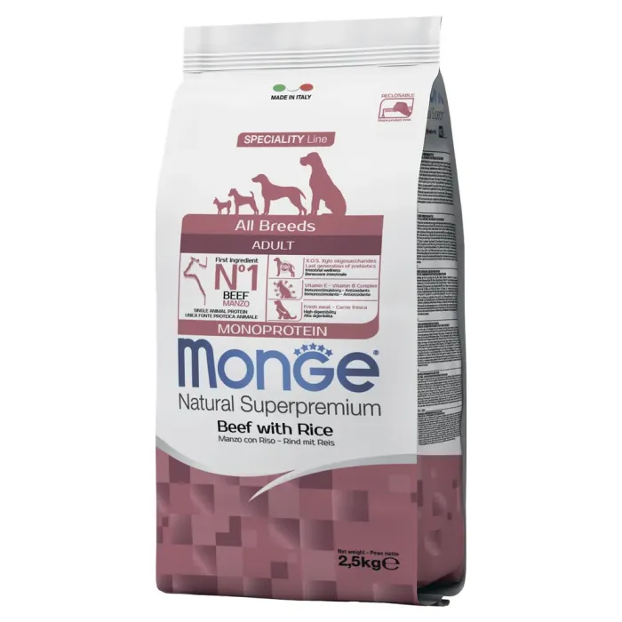 Monge Dog Monoprotein корм для взрослых собак всех пород, говядина и рис 2,5 кг