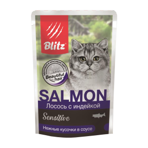 BLITZ Лосось с индейкой, кусочки в соусе, для кошек 85гр