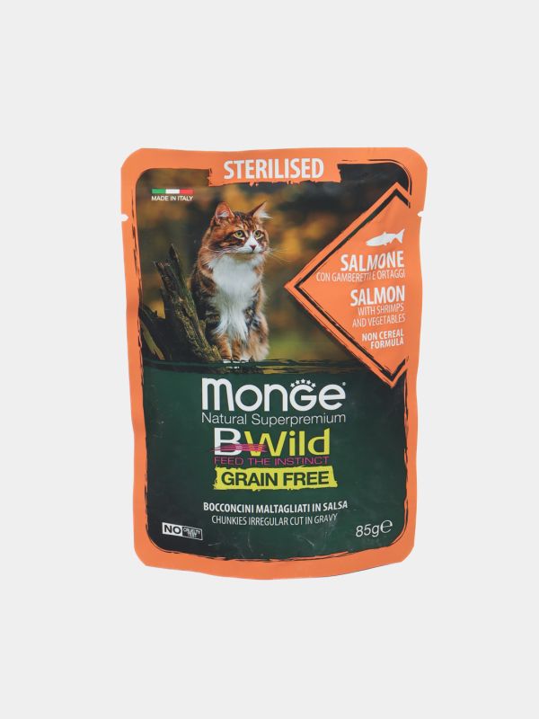 Monge Bwild лосось для взрослых кошек, креветки, овощи, 85 г