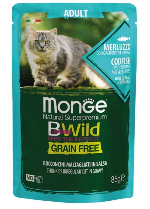 Monge BWild Grain Free Adult паучи для кошек с треской, креветками и овощами