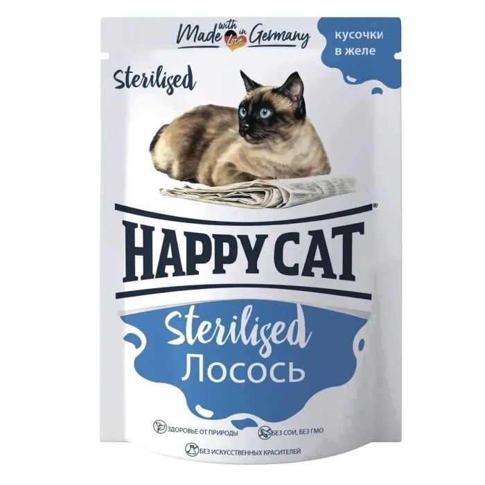 Happy Cat. Влажный корм для стерилизованных с лососем в желе, пауч 100 г