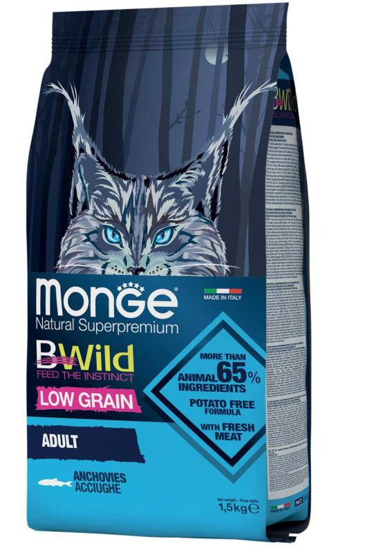 Monge BWild Low Grain Adult Cat Anchovies сухой корм для кошек с анчоусами, 1,5 кг