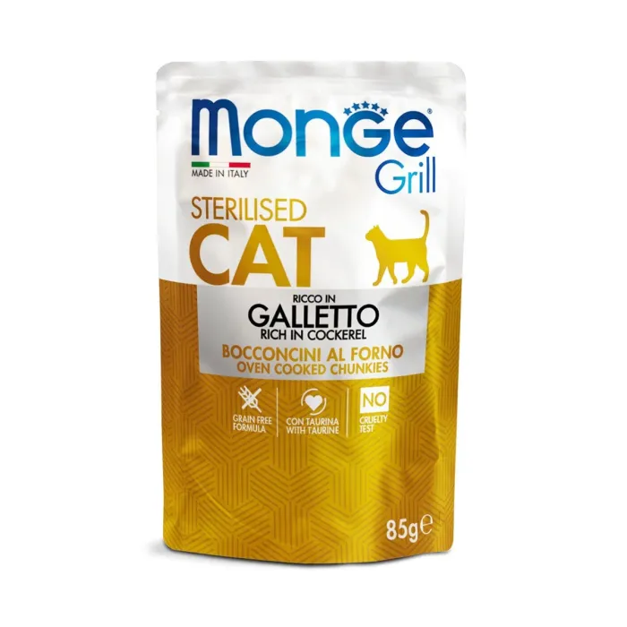 Monge Grill Galletto Sterilised — влажный корм с курицей для стерилизованных кошек, кусочки в желе, 85 г