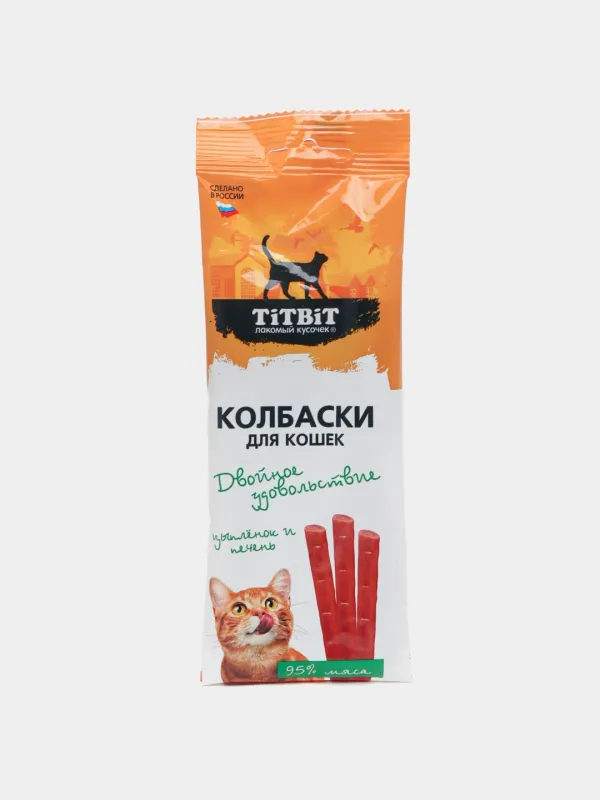 TitBit колбаски Двойное удовольствие с цыплёнком и печенью, лакомство для кошек