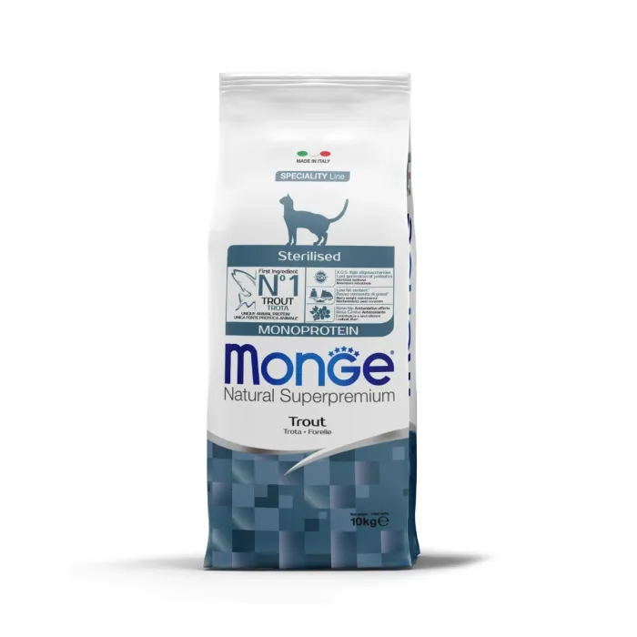Monge Natural Superpremium Monoprotein Sterilised Trout — сухой корм для стерилизованных кошек с форелью, 10 кг