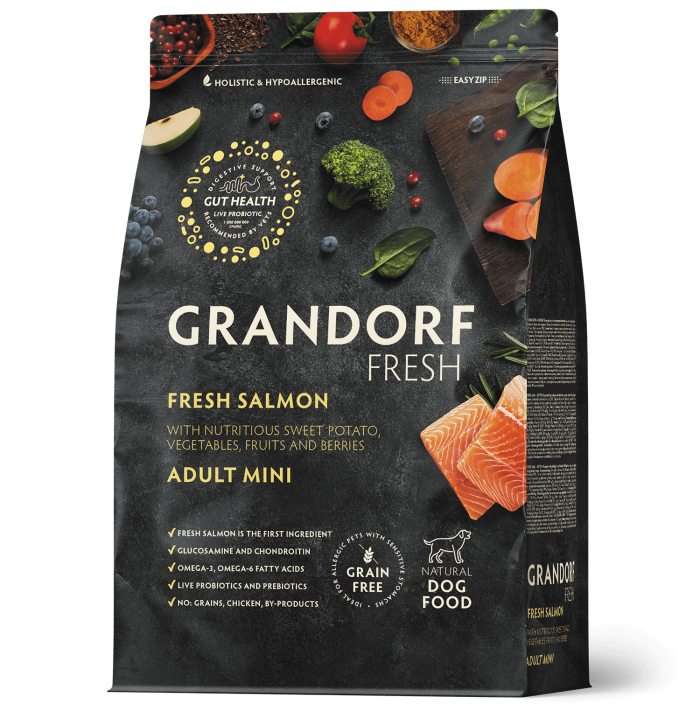 GRANDORF fresh salmon adult mini, Свежее филе лосося с бататом для собак мелких пород, 1 кг