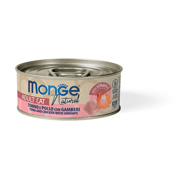 Monge natural pollo con gamberi. Натуральный Тунец и Курица с креветками 80гр