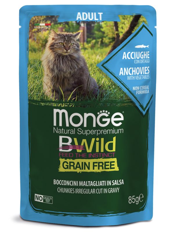 Monge Cat BWild GRAIN FREE из анчоусов с овощами для взрослых кошек, 85г